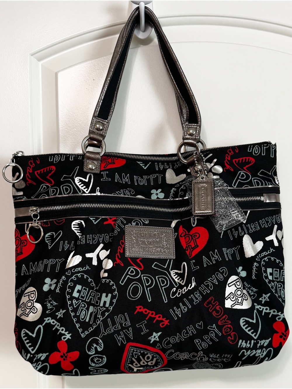 Coach Poppy 2010 Graffiti Glam Tote Shoulder Bag Black Red Silver Style 13852 - Picture 3 of 16
